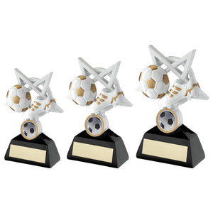 White-Gold-Black Football And Boot On 5 Point Star Trophy With Plate (1 inch badge Centre)