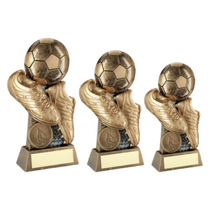 Bronze -Pew- Gold Flatback Football And Boots On Riser Trophy With Plate (1 inch badge centre)