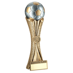 Managers Player Bronze- Pew - Gold Football On Tri-Mesh Column Trophy With Plate 1 inch badge centre  12inch