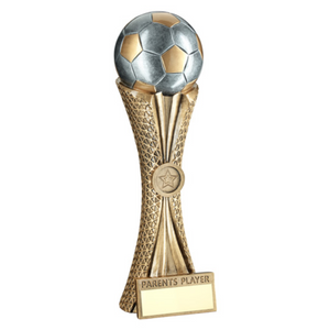 Parents Player Bronze- Pew - Gold Football On Tri-Mesh Column Trophy With Plate 1 inch badge centre  12inch